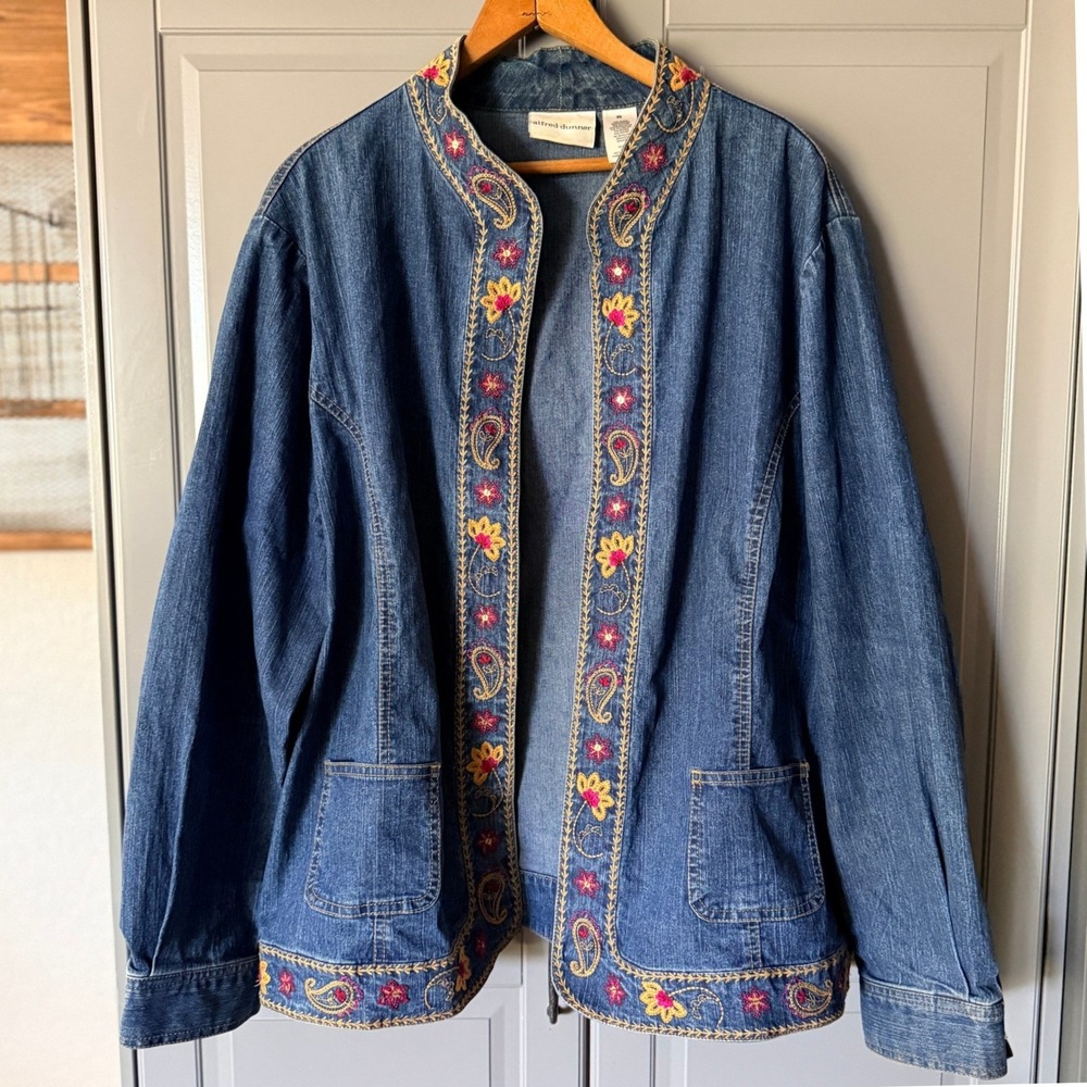 Alfred Dunner Vintage Womens Folk Embroidered Floral Open Front Denim Jacket, 20